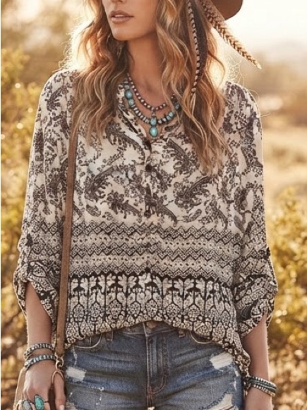 Novella Royale Cream and Black Printed Boho Tunic